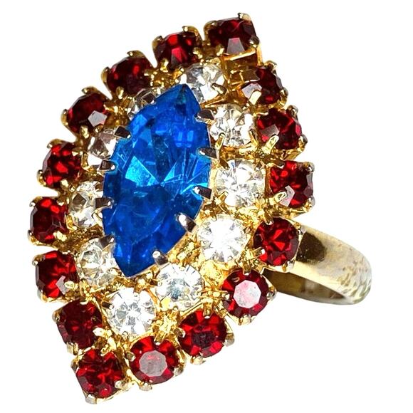 Vintage 60s 70s Cocktail Ring Gold Tone Blue Navette Red Rhinestone Statement - Picture 5 of 13